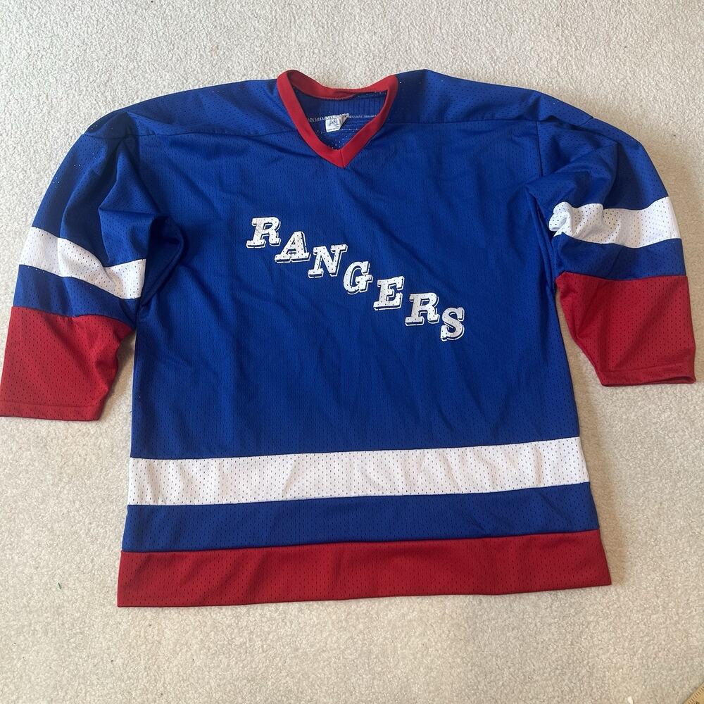 Vintage New York Rangers Hockey Jersey Athletic Sewing Blue Red 14 Mens XL Mesh